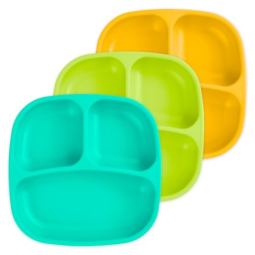Image of Re-Play Toddler Plates with Dividers - Deep-Walled 3 Compartments Divided Plates for Kids - Dishwasher & Microwave Safe - Made in USA - Set of 3-7.37" x 7.37" x 1.25" - Aqua Asst