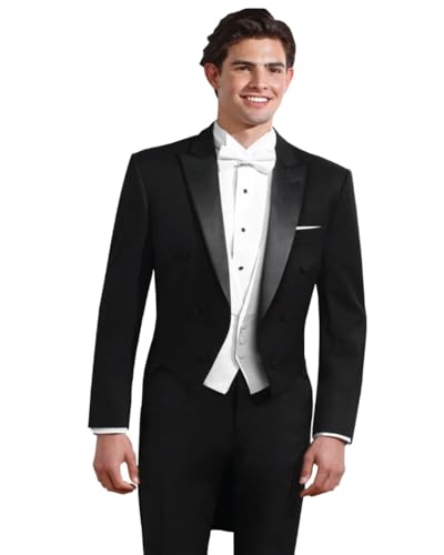 Men's Classic Fit Black Tailcoat Tuxedo Package with Open Back White Pique Vest and Bow Tie