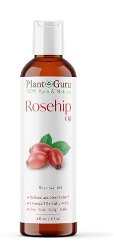 Plant Guru Rosehip Oil Refined 4 fl. oz. – Cold Pressed, 100% Pure & Natural Carrier for Skin, Face, Body, and Hair Moisturizing. Great for DIY Creams, Lotions, and Lip Balms