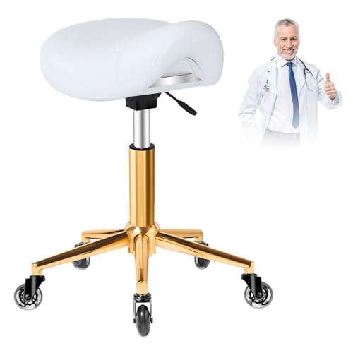 Image of Saddle Stool with Wheels Ergonomic - Thick Wide Saddle Cushion, Healthy Posture No Pain, Easy to Adjust, Smooth Rolling No Creaky Noises, Rolling Swivel Saddle Stool Chair for Salon Massage (White)