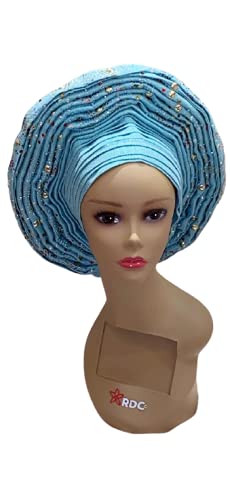 Miniatura 2 de Africano Auto Gele Head Tie Frenzy Moda Nigeriana HeadWrap Bufanda Mujeres Boda Ropa De Pelo - Azul Claro