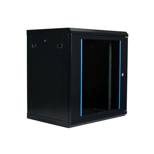 Netzwerkschrank 19 Zoll 12HE I 450 mm Tiefe I Serverschrank Schwarz I Wandmontage I abschließbare Glastür I voll montiert I 100 kg Traglast I 600×450×636 mm (Schwarz - 45cm 12HE)