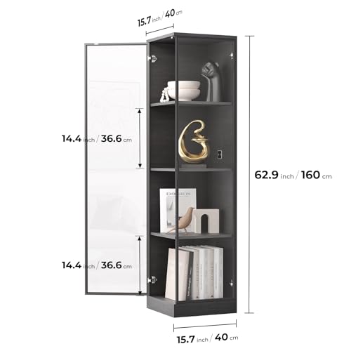 BROTTAR 4 Tier Corner Display Cabinets, 62.9" Tall Bookcase Bookshelf with Lights and Magnetic Lock, Corner Storage Cabinet with Human Sensor for Living Room Corner Shelf Unit, Black