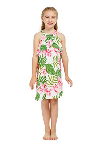 Girl Hawaiian Round Neck with Ruffle Dress in Lotus and Orchid