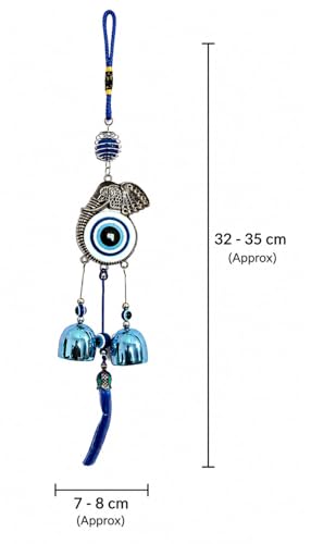 Image of Blue Evil Eye Hanging Wind Chime with Elephant Charm & Turkish Nazar Bead for Home Entrance, Balcony, Living Room, Office Wall Decor & Positive Energy Protection (32-35 cm)