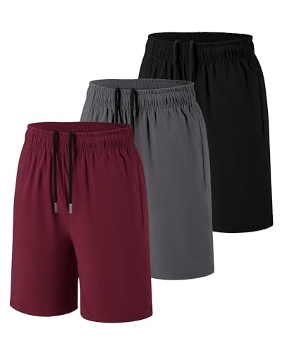 Somaibo 3 Pack Boys Athletic Shorts Kids Quick Dry Basketball Soccer Running Sports Gym Active Shorts with Pockets 7-8 Years Black/Grey/Wine-red