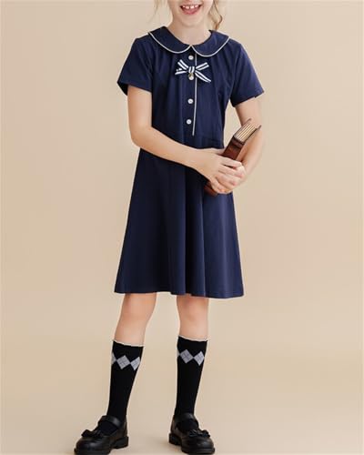 Cromoncent Girls' Short-Sleeve Peter Pan Collar Uniform Polo Dress, 4-12 Years3