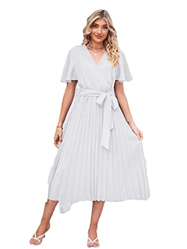 Robe d'été plissée blanche col en V et manches courtes en taille S
