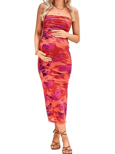 Milumia Women's Maternity Floral Mesh Split Strapless Tube Dress Bodycon Maxi Dresses