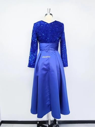 Mother of The Bride Dresses for Wedding Tea Length Formal Gowns Sequin Satin Prom Dress with Long Sleeve3
