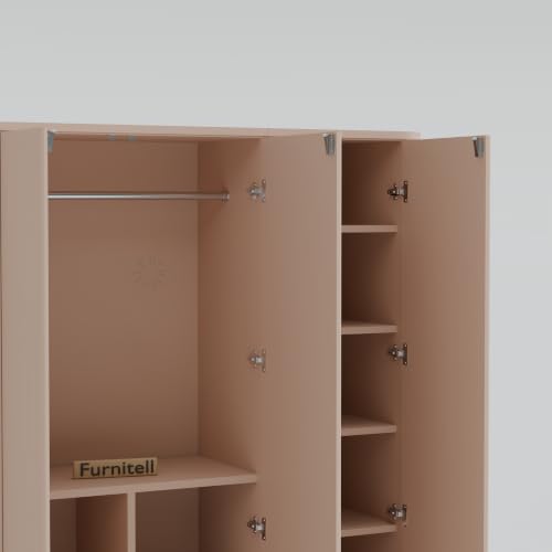 Image of 3 Door Wardrobe Almirah for Bedroom, 72 Inch | Premium HDHMR Wooden Cupboard with Hanging Rod & Storage Compartments | Fluted Push-to-Open Clothes Organizer Cabinet | Taupe Finish