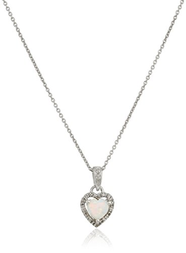Amazon Collection Sterling Silver Created Opal Heart with Diamond Pendant Necklace, 18