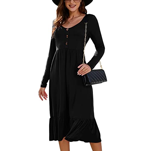 Clearlove Damen Maxikleid Langarm V-Ausschnitt Kleid Lang Festlich Rüschen...