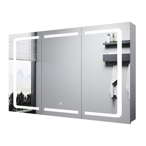 ELEGANT 1050x650mm Illuminated Bathroom Mirror Cabinet with Shaver Socket Triple Door LED Bathroom Mirror Cabinet with Three-color Infinitely Dimmable Smart Touch Switch Stainless Steel Mirror Cabinet