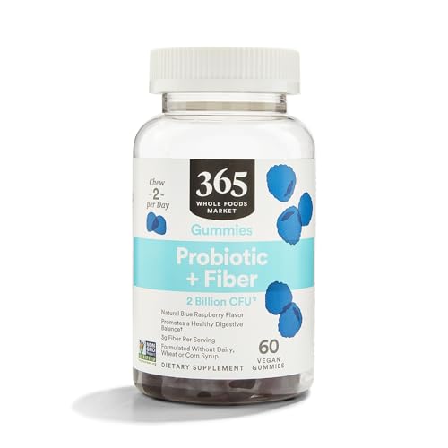 365 by Whole Foods Market, Probiotic + Fiber Gummies 2 Billion CFU, Natural Blue Raspberry Flavor, 60 ct