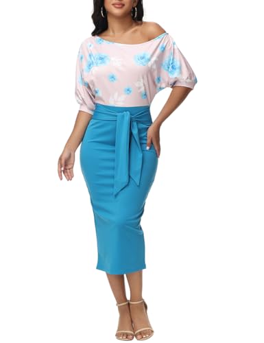 Womens Floral Print Cocktail Off Shoulder Belted Work Midi Pencil Dress3