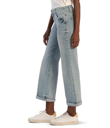 KUT from the Kloth Meg Mid Rise Wide Leg Roll-Up Long Inseam Jeans in Check2