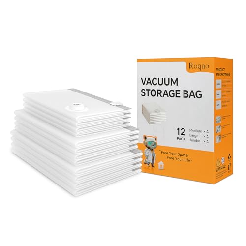 Roqao Vakuumbeutel für Kleidung, 12er-Pack Jumbo Siegel Beutel (4 x 100x80cm + 4 x 80x60cm + 4 x 70x50cm), Vakuumbeutel für Bettdecken, Bettwäsche, Kissen & Reise