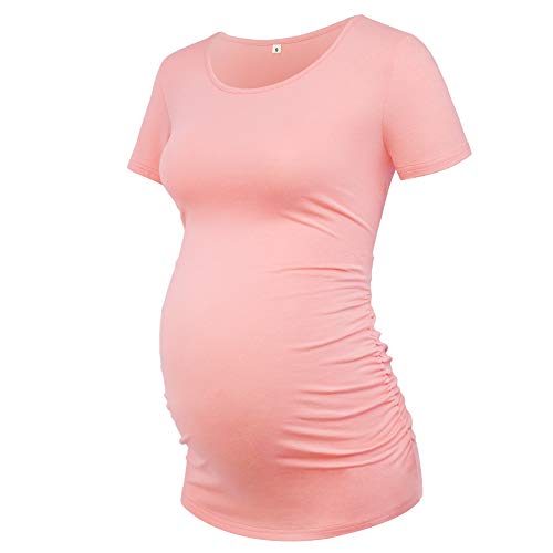 GLAMIX Damen Umstandsshirt Kurzarm Schwangerschaft Tops Basic Seite Geraffte Mama Tee - Pink - XX-Large Cover