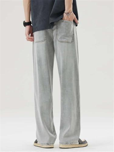 Hndudnff Men's Summer Thin Elastic Waist Jeans Loose Straight Elastic Drawstring Wide Leg Denim Long Pants2