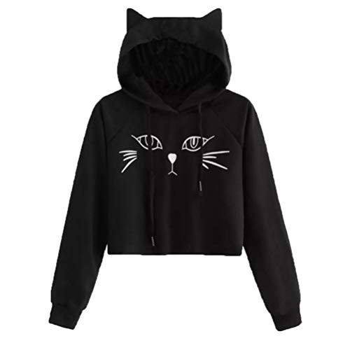 Lenfesh Mujer Lindo Sudaderas Cortas Gato Sudadera con Capucha para Mujer Sweatshirt Casual Pullovers Sudadera
