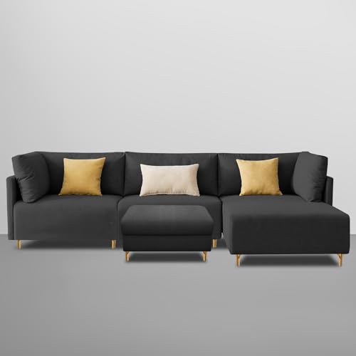 Image of Carina RHS 4 Seater L Shape Sofa Set with Center Table for Living Room (Black Fabric) Premium Fabric Sofa