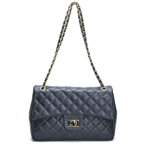 Bolsa Feminina Couro Legitimo Matelassê Grande (Azul Marinho c/Dourado, Grande)