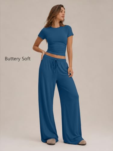 Image of Trendy Queen Women's 2 Piece Matching Summer Lounge Set with Pockets | Vacation Airport Travel Outfits, Workout Gym Clothing Comfy Athleisure Clothes, Side-ruched Top, Drawstring Wide Leg Pants