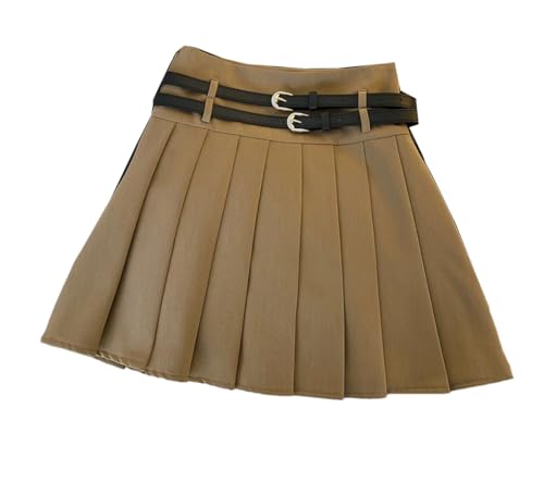 Women Summer High Waist Casual Mini Skirt Solid with Double Belt Pleated A Line Skirts