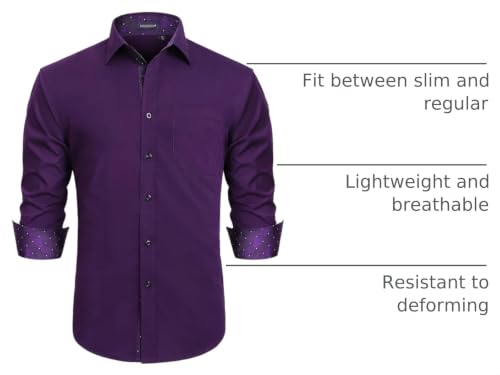 Image of HISDERN Mens Business Dress Shirts Long Sleeve Casual Button Down Shirt Formal Inner Collar Contrast Shirt for Men Wedding