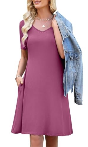 Image of WEACZZY Summer Dresses for Women 2026 V-Neck Casual T Shirt Dress Loose Short Sleeve Flowy Dresses with Pockets
