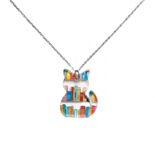 Collier chat et livre acrylique bijou fantaisie cadeau lectrice pour fille