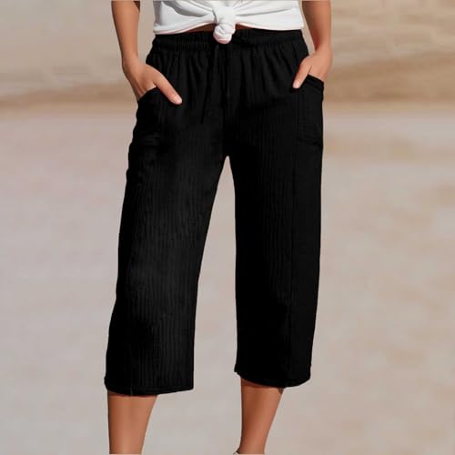 Capri Pants for Women Cotton Linen Capris Summer High Waisted Straight Wide Leg Pants Casual Loose Trousers with Pockets2