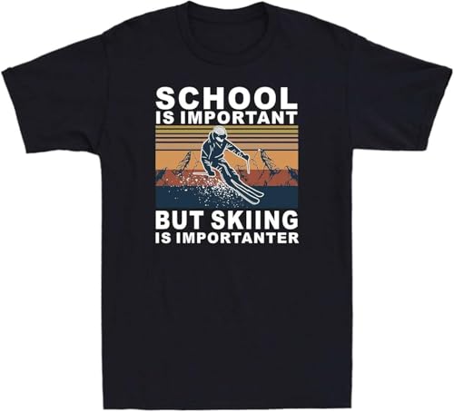 XIKANGGMEI School is Important But Skiing is Importanter Funny Vintage Men's T Shirt Black Men T-Shirt