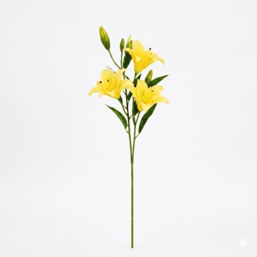 Image of CURATED CART 2 Pcs Lily Artificial Flowers Bunch for Home Decoration - Big Lilys Bouquet for Home Decor - Real Touch Faux Latex Long Stem - Includes 6 Lily Flowers and 10 Half Bloom Buds-Yellow Colour