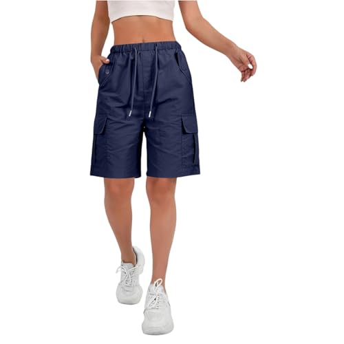Bermuda Cargo Shorts for Women Drawstring Elastic Waist Loose Wide Leg Shorts Knee Length Summer Casual Athletic Shorts Women Knee Length Shorts Womens Hiking Cargo Shorts Navy