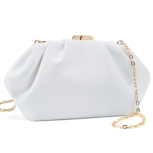 Gurina Bolsa clutch plissada de poliuretano para mulheres formal - bolsa noturna com corrente removível para casamentos, bailes de formatura, Jbb branco