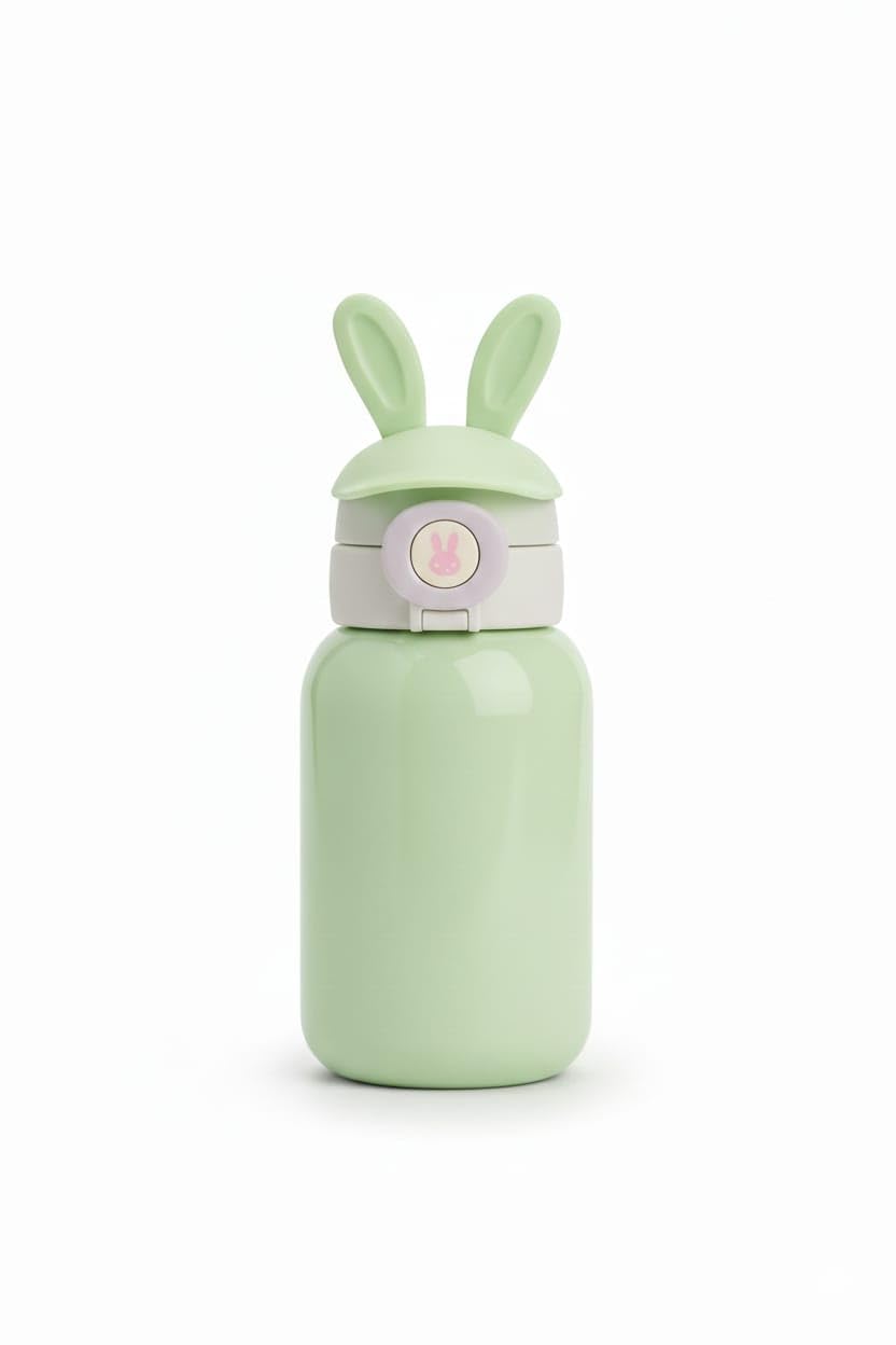 EUODOO Kids Sippy Cup with Bunny Ears Lid Green Leak-Proof Water Bottle for Toddlers and Children Stainless Steel(Rabbit Green, Green)