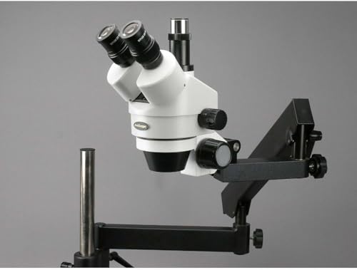 Image of AmScope SM-7TZ-FRL Professional Trinocular Stereo Zoom Microscope, WH10x Eyepieces, 3.5X-90X Magnification, 0.7X-4.5X Zoom Objective, 8W Fluorescent Ring Light, Articulating-Arm Boom Stand, 110V-120V, Includes 0.5X and 2.0X Barlow Lenses