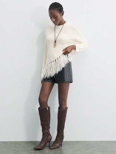 Image of SweatyRocks Women's Long Sleeves Sweater Crew Neck Solid Color Fringe Hem Knitted Pullovers Tops Apricot M