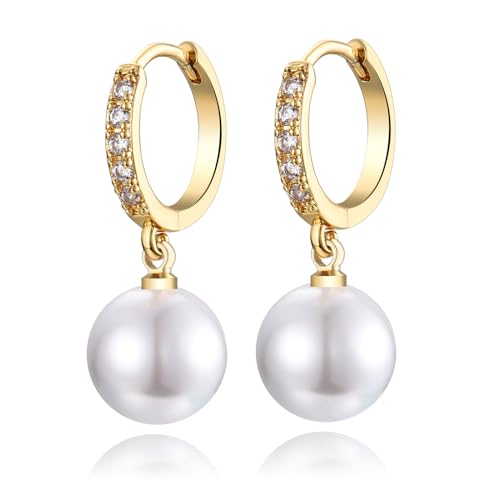 Image of DOKIA Sterling Silver Pearl Drop Hoop Earrings, Hypoallergenic Round Pearl Gold Hoop Earrings with AAA+ Cubic Zirconias | Jewellery Gifts for Birthday, Wedding