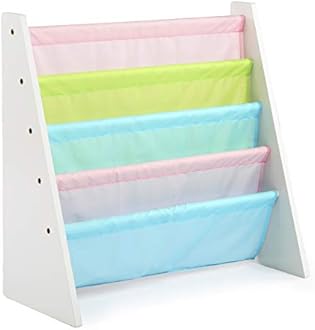 Humble Crew4-Tier Kids Bookshelf, White Wood/Pastels - Premium Book Shelf for Kids Rooms with Four Deep Pockets - Toddler Sling Book Rack with Deep Sleeves, Nursery Bookcase Organizer