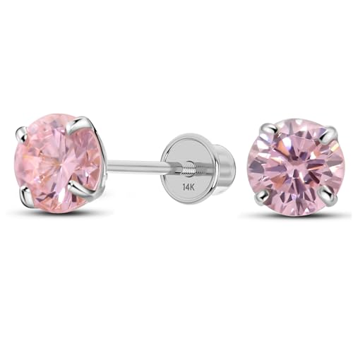 Solid 14K White Gold Round Solitaire Simulated-Birthstone Minimalist Stud Earring with Comfort Screw Backing