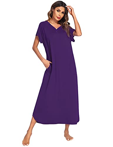 Image of Ekouaer Long Nightgown Women's Loungewear Short Sleeve Sleepwear Full Length Sleep Shirt with Pockets