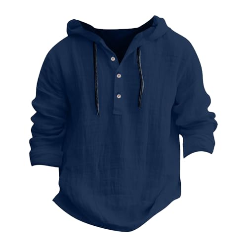 Linen Hoodie Men Lightweight Long Sleeve Button Down Shirts with Hood Summer Trendy Plain Drawstring Hooded Shirts3