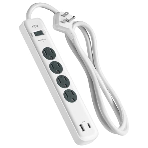 KMC Protector eléctrico con 4 tomas, 1 puerto USB-A y 1 puerto USB-C, protección contra sobretensiones de 840J, cable de extensión de 5 pies, enchufe plano de bajo perfil de 3 clavijas, blanco miniatura 1