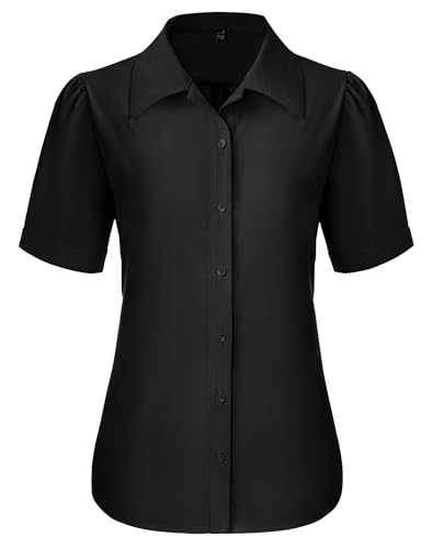Button Down Shirts for Women Puff Short Sleeve Button Up Dress Shirts Collared Fitted Blouse Work Business Top