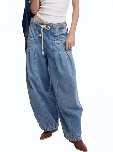 Women Wide Leg Baggy Jeans Elastic Waisted Drawstring Loose Fit Barrel Denim Pants with Pockets