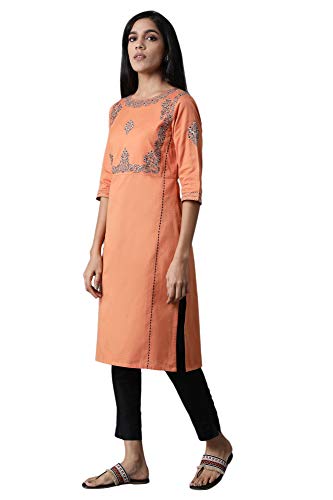 Image of W for Woman Women's Cotton Blend Straight Fit Embroidered Straight Kurta