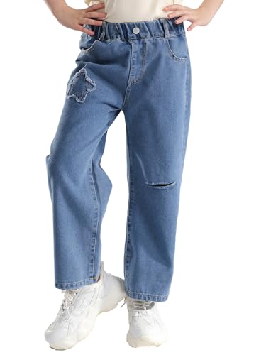 easyforever Kids Girls Wide Leg Denim Pants Star Patch Ripped Jeans Elastic Waist Casual Distressed Denim Trousers2